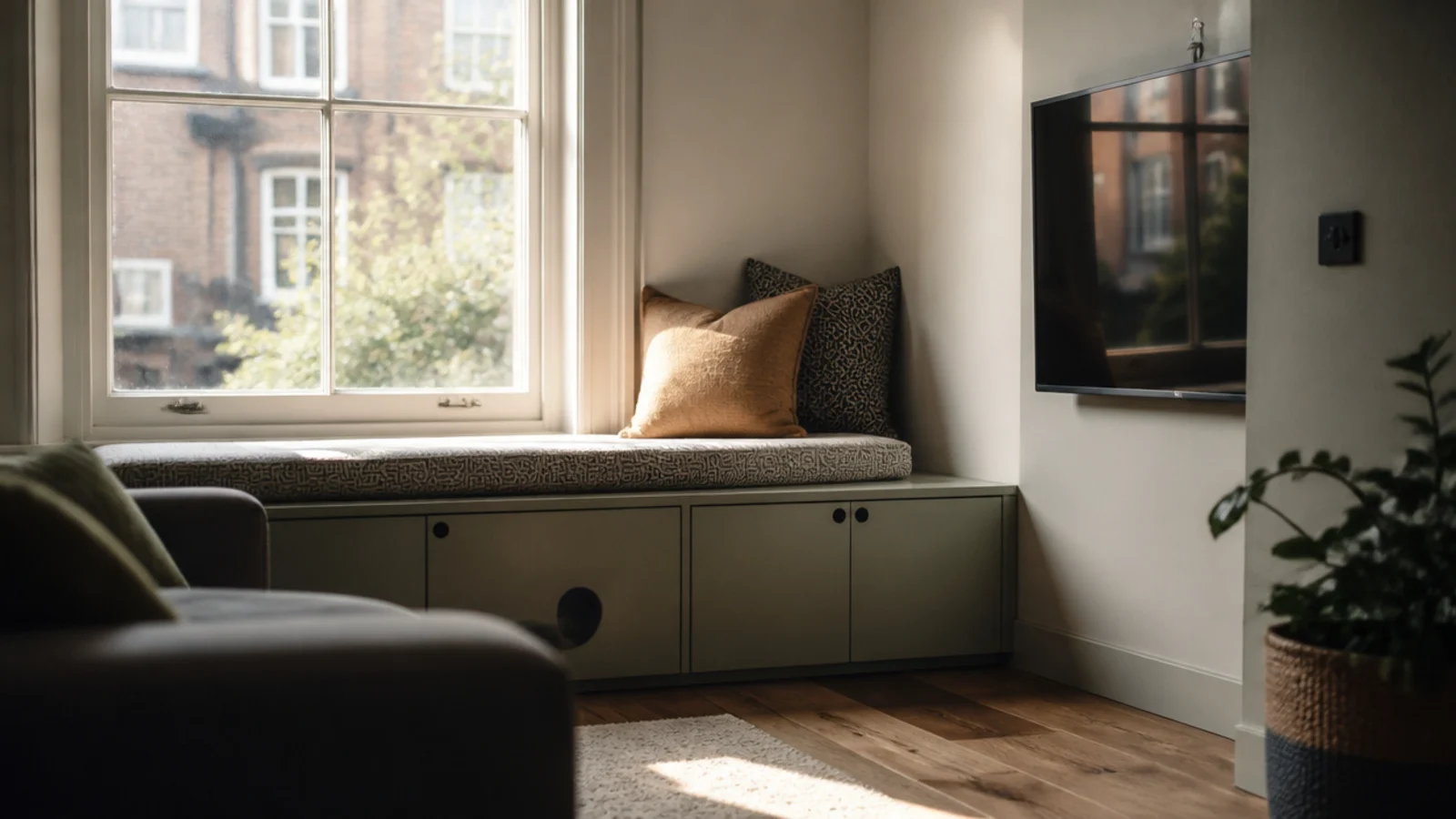 low media unit running beneath a window and stopping at sill height