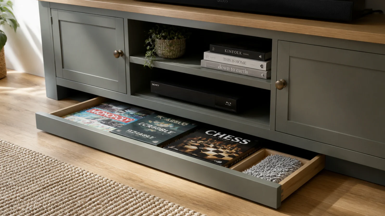 shallow toe kick drawer pulled open at the base of a media unit