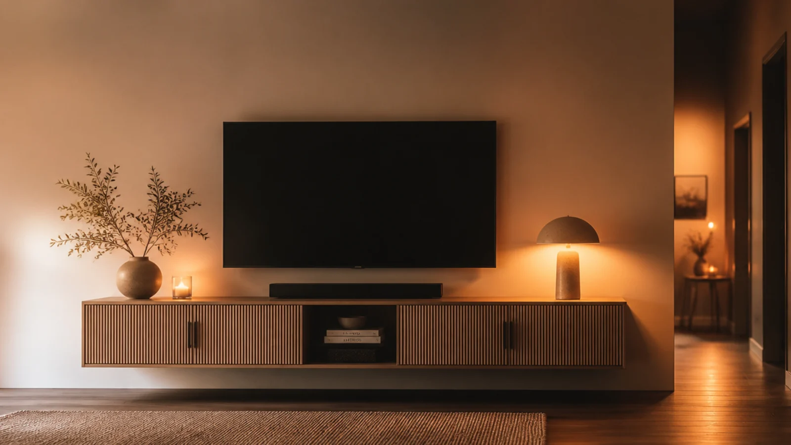 tall shot of a space saving wall tv unit design with sliding doors