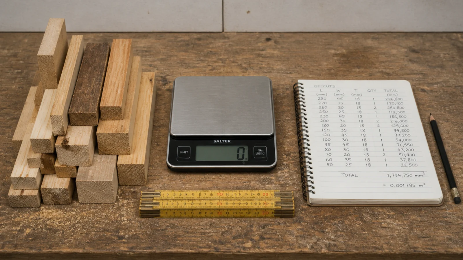 timber offcuts weighed and measured on a workbench with notes