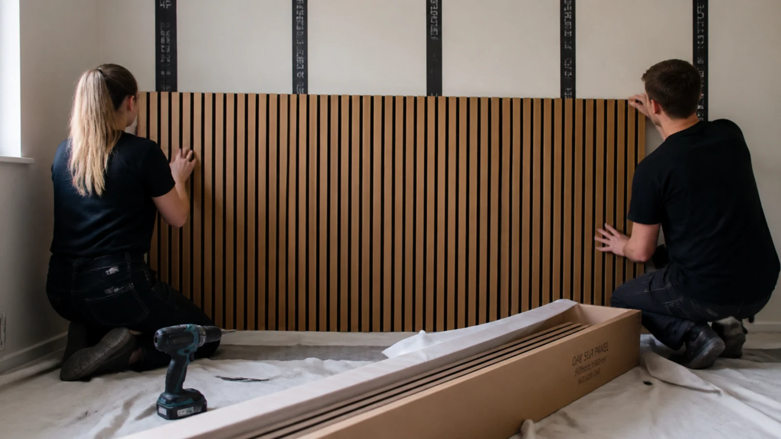 felt backed oak slat panel being lifted into place against a wall