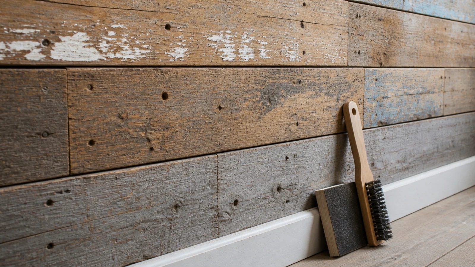 reclaimed scaffold boards cladding a wall with saw marks and old paint