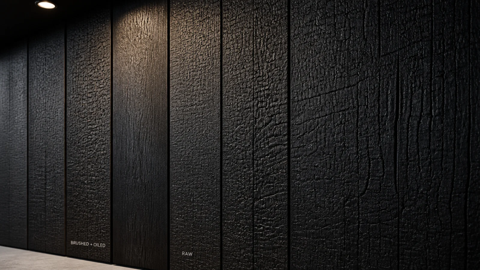 charred cedar boards in matt black showing fine alligator surface texture