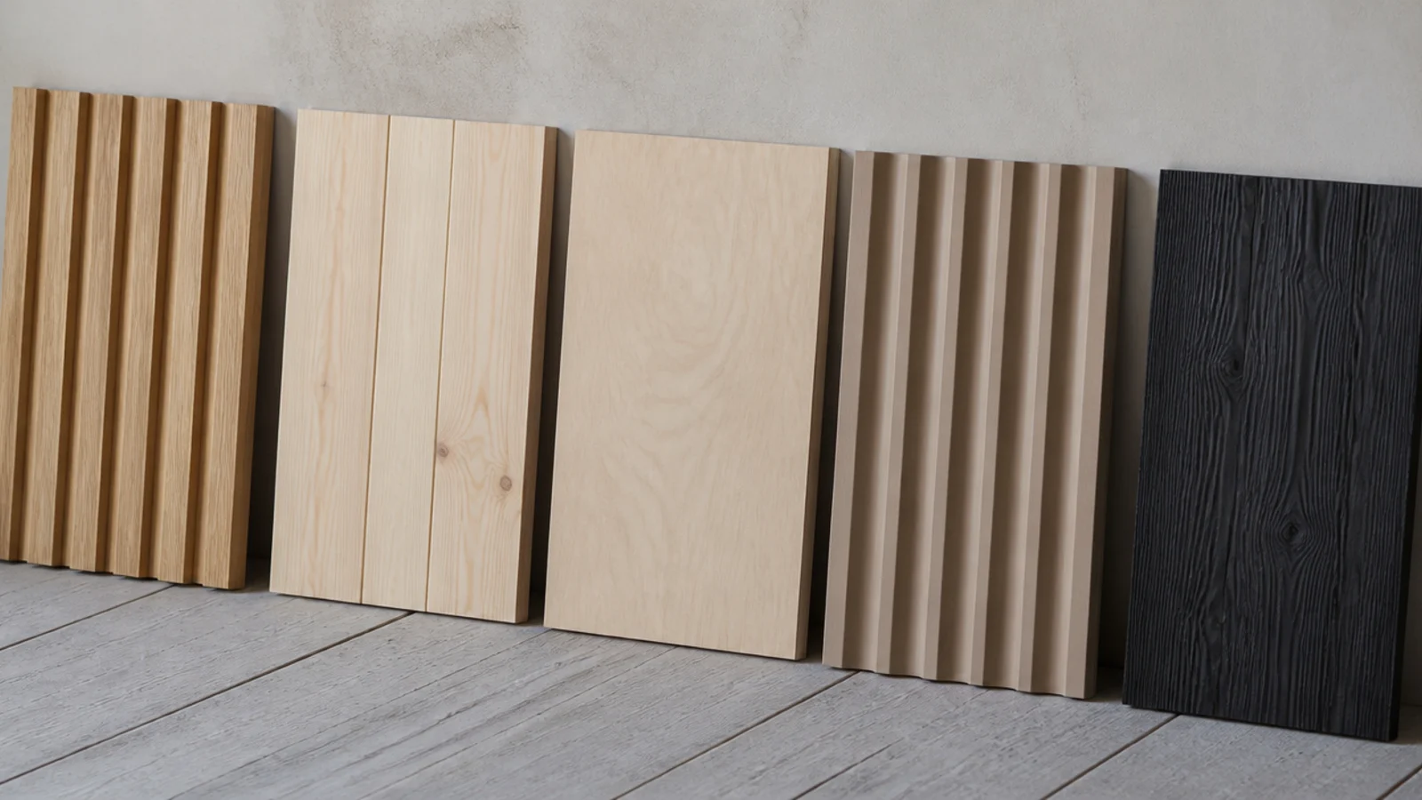 wood wall design samples in oak pine and charred cedar leaning together