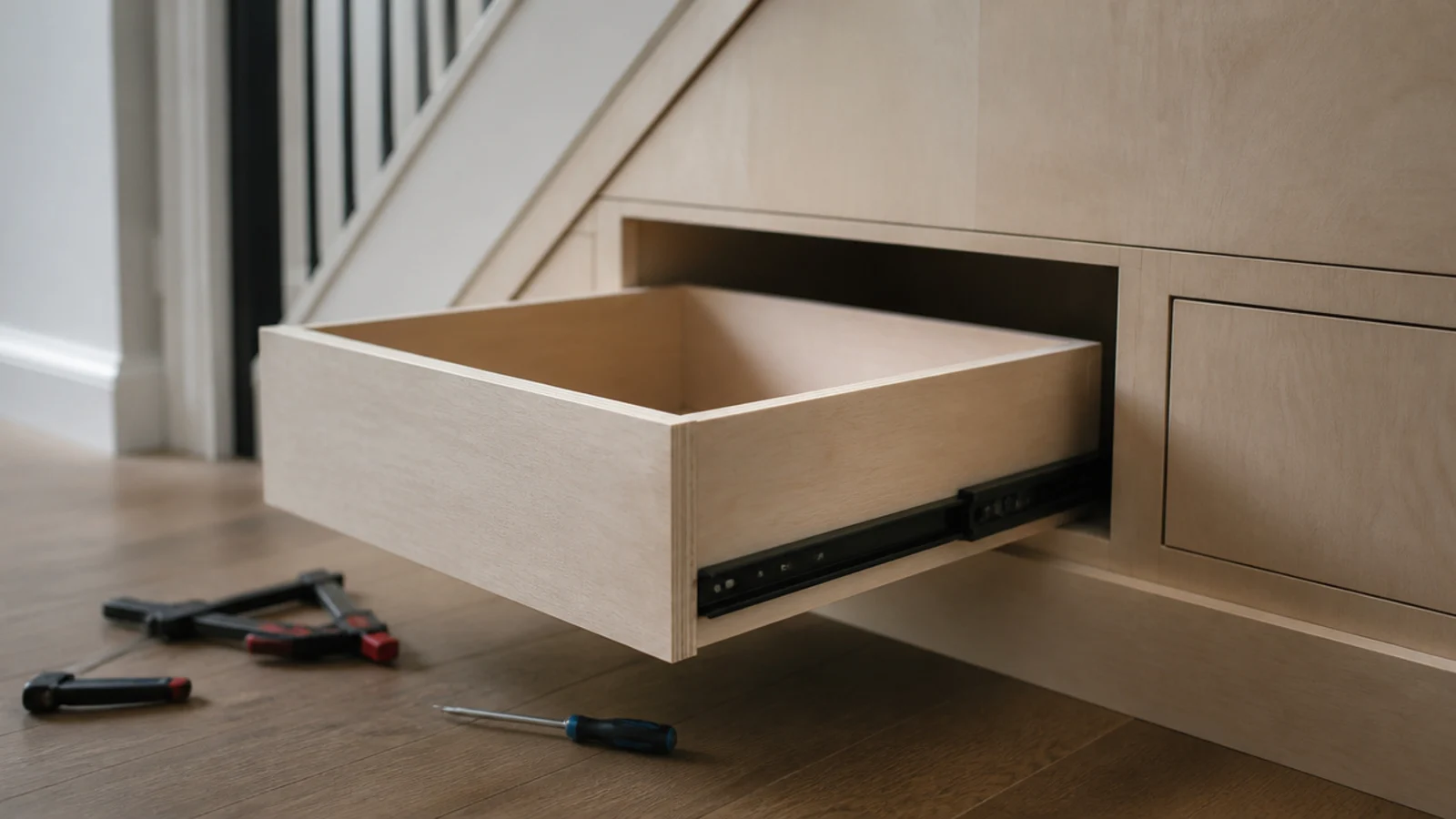 plywood drawer box mounted on black ball bearing runners under stairs