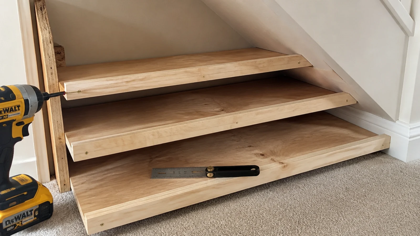tilted plywood shoe tiers being fitted where a stair soffit drops