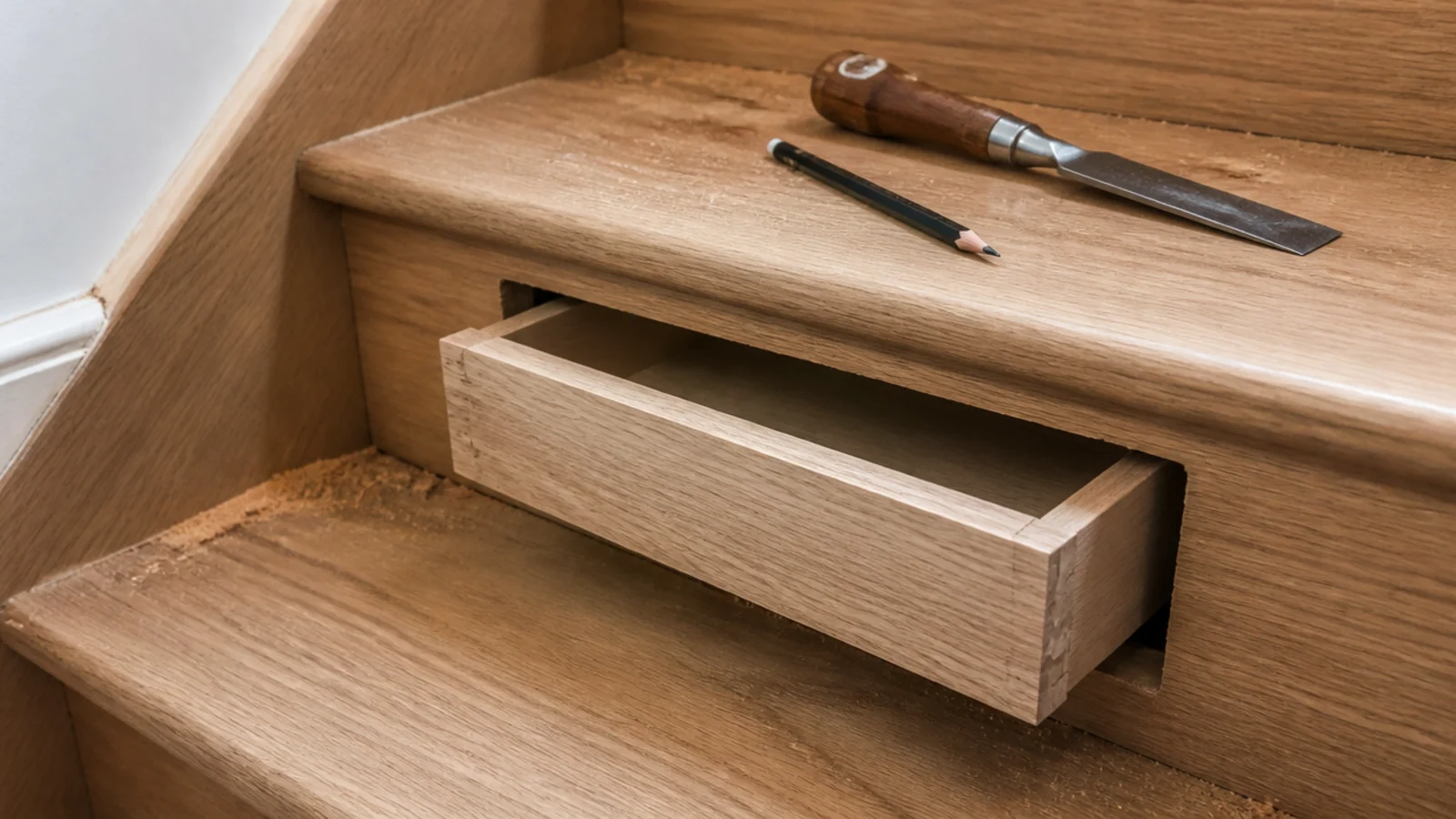 shallow drawer box test fitted into a single timber stair riser