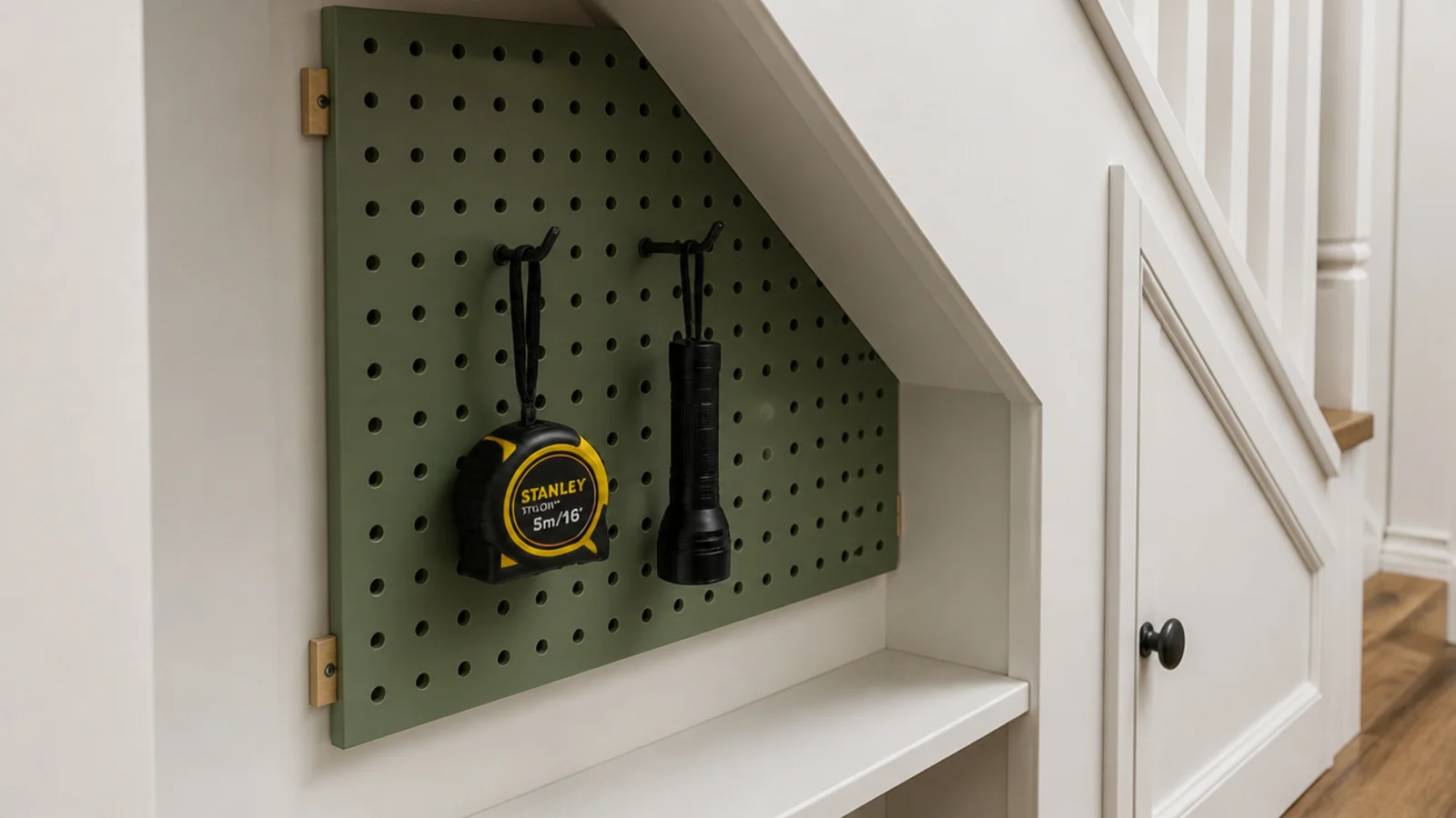 painted pegboard panel fixed on spacers to a stair back wall