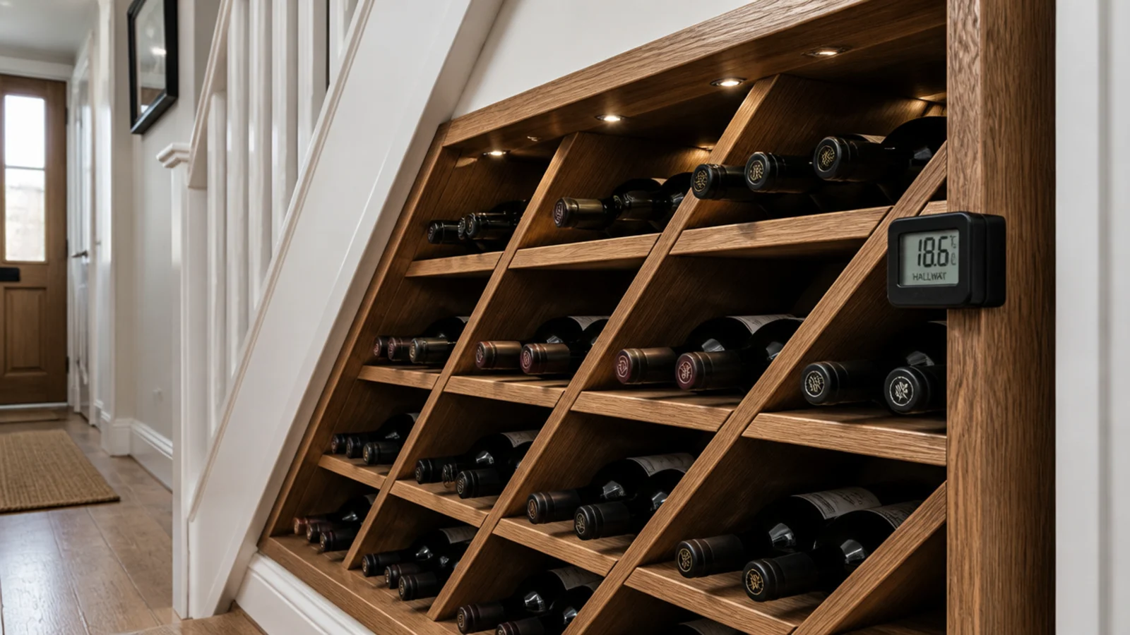 timber wine rack of bottles fitted beneath a hallway staircase