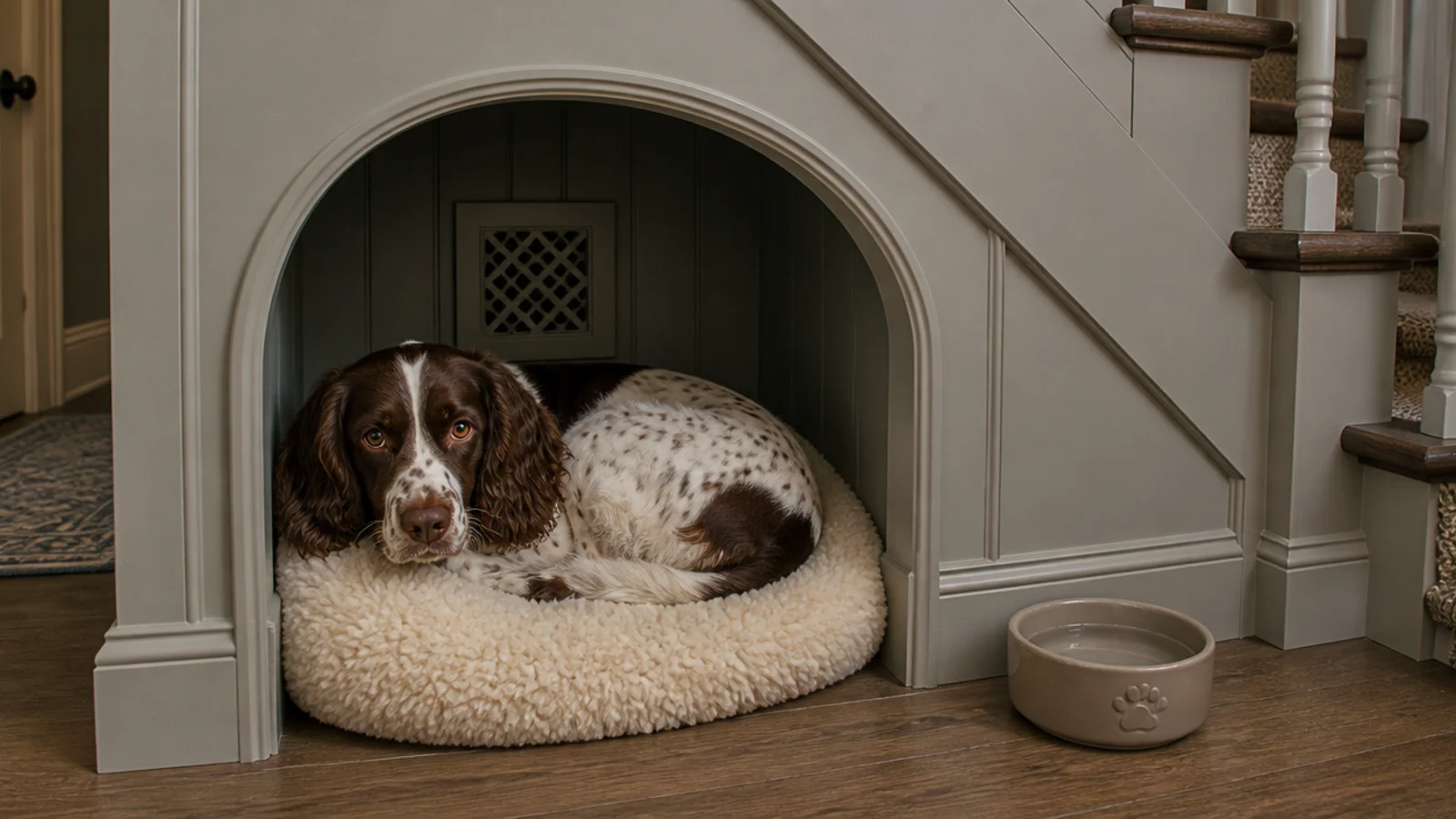 spaniel resting in an arched den built into an under stairs run