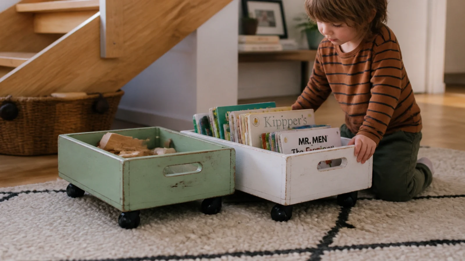 shallow toy crates on castors rolled out onto a hallway rug