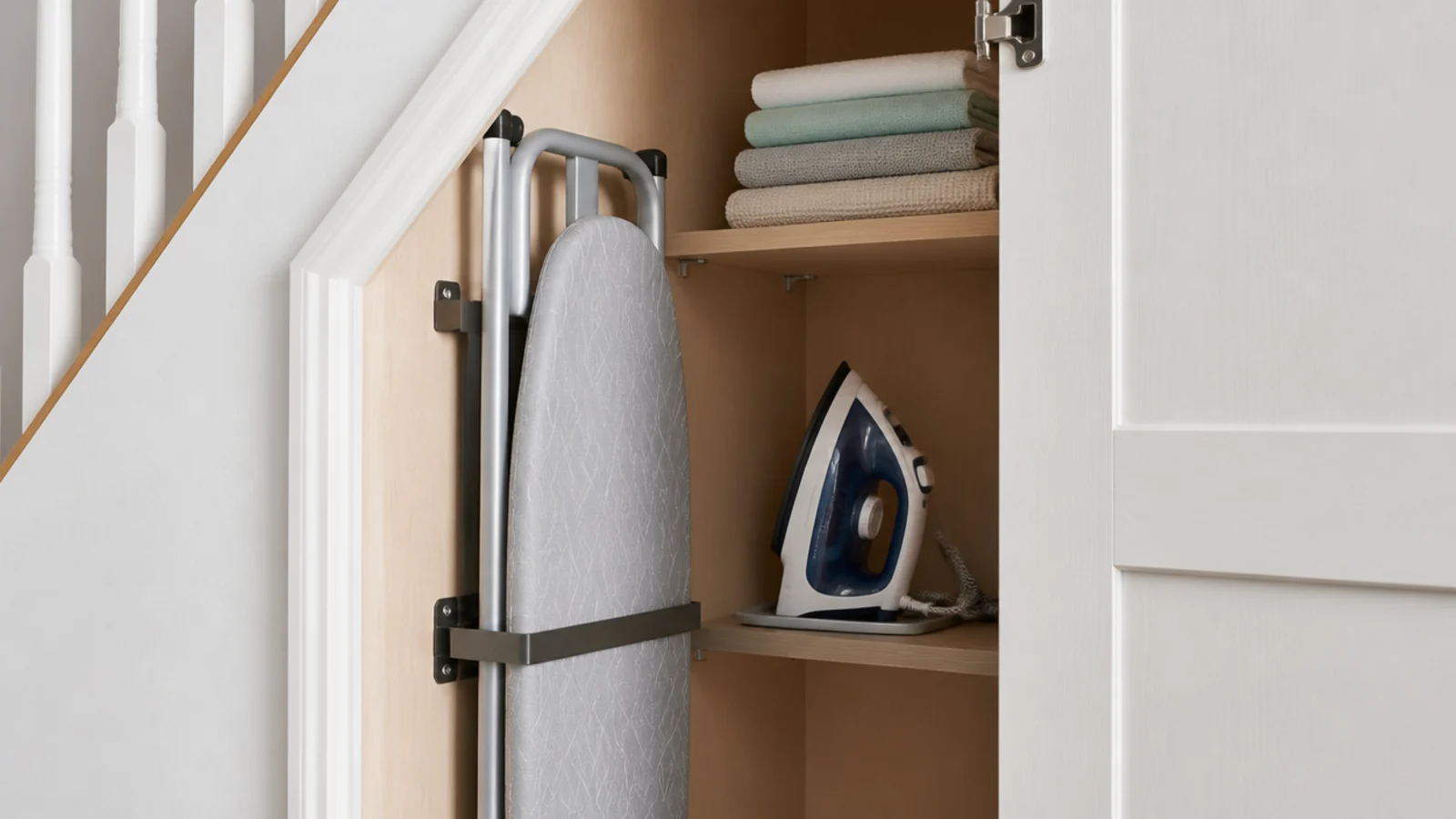 ironing board held upright in a wall bracket inside a stairs cupboard