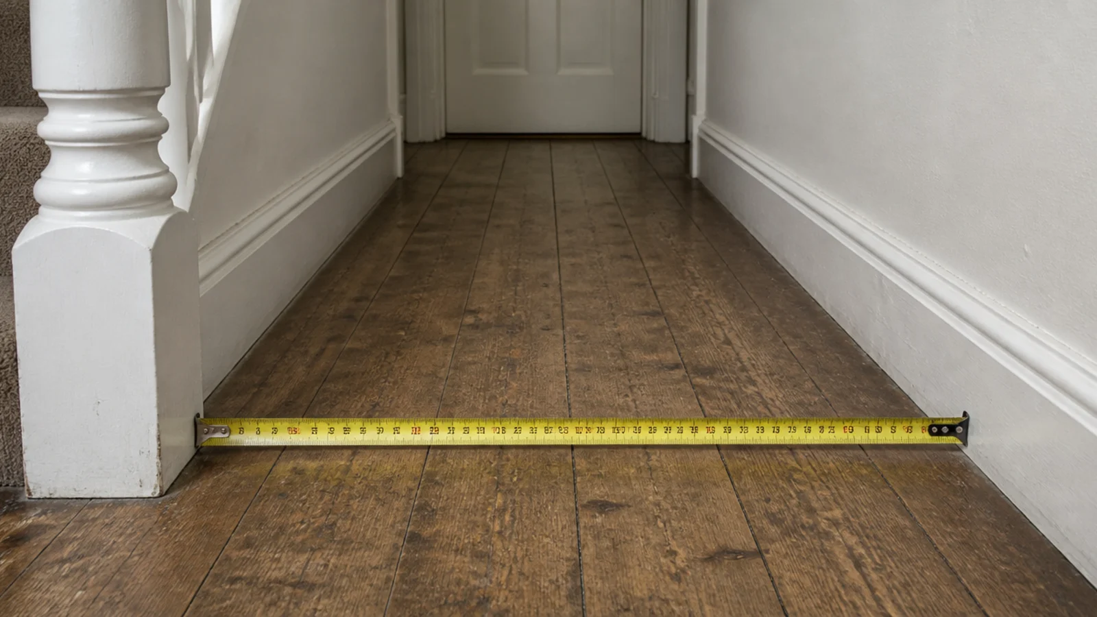 tape measure stretched across a narrow hallway beside a staircase