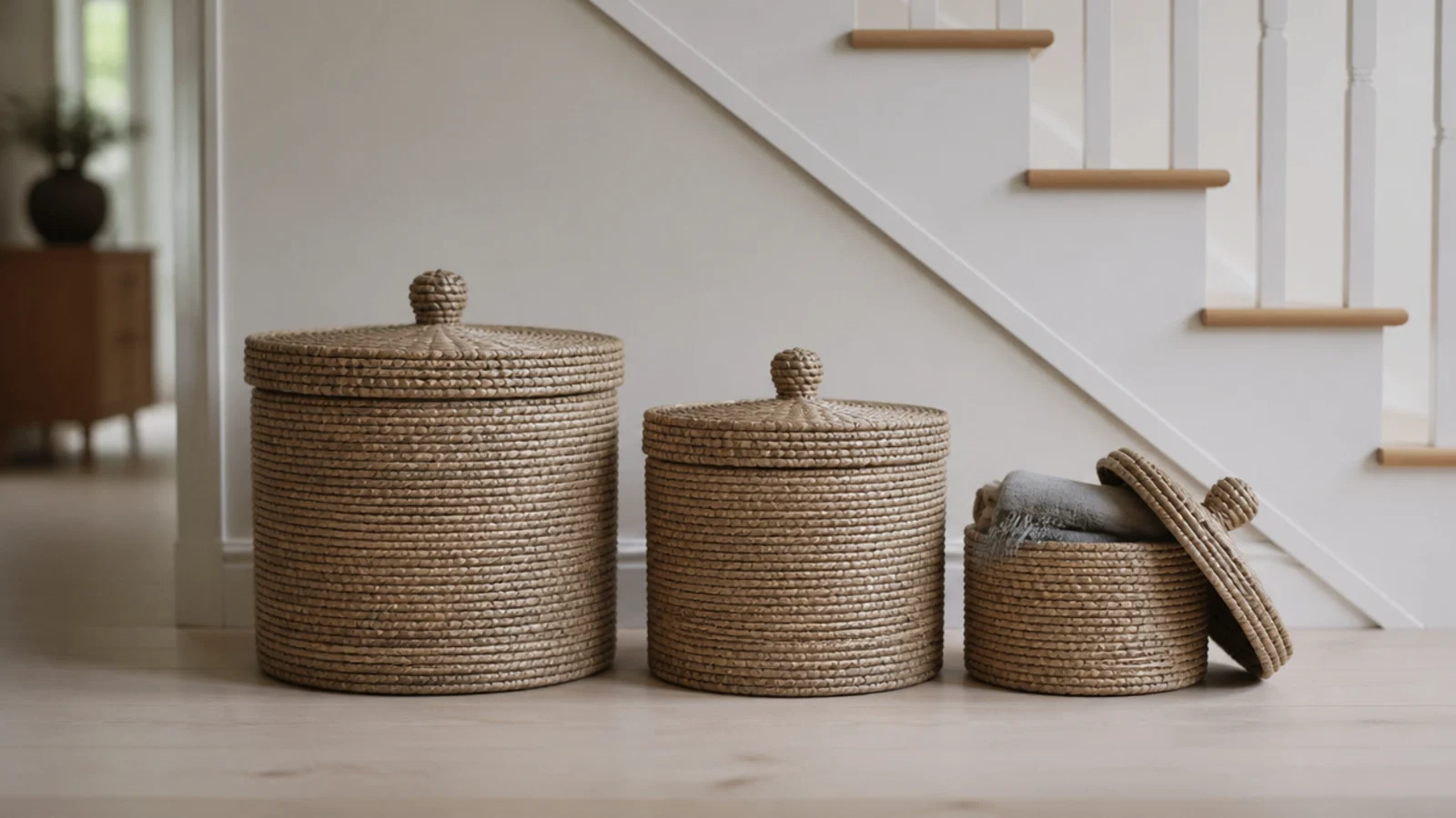 three lidded seagrass baskets lined up under the lowest stair treads