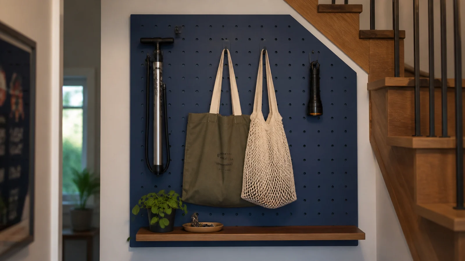 painted pegboard panel fitted to the back wall under a staircase