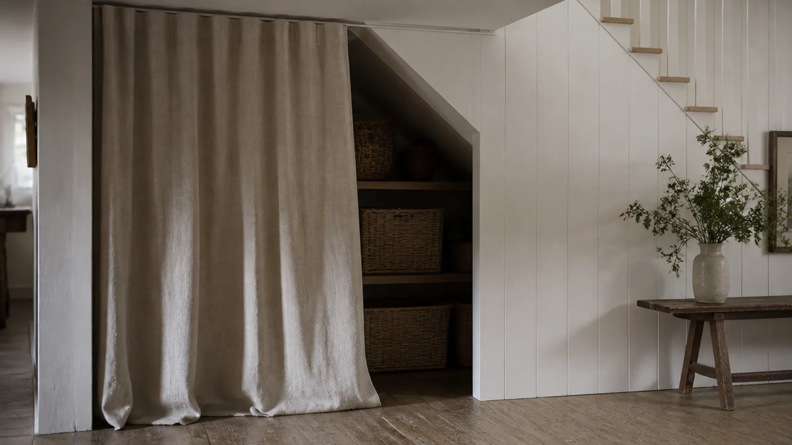 linen curtain hung on a track screening an open under stairs recess