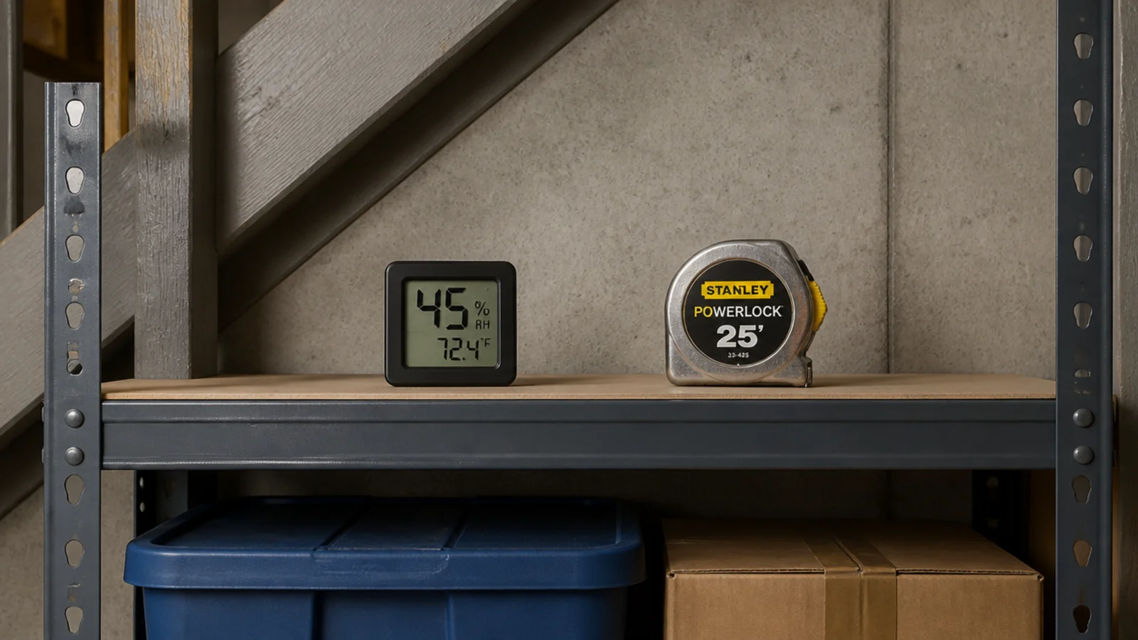 humidity gauge and tape measure resting on a basement shelving unit