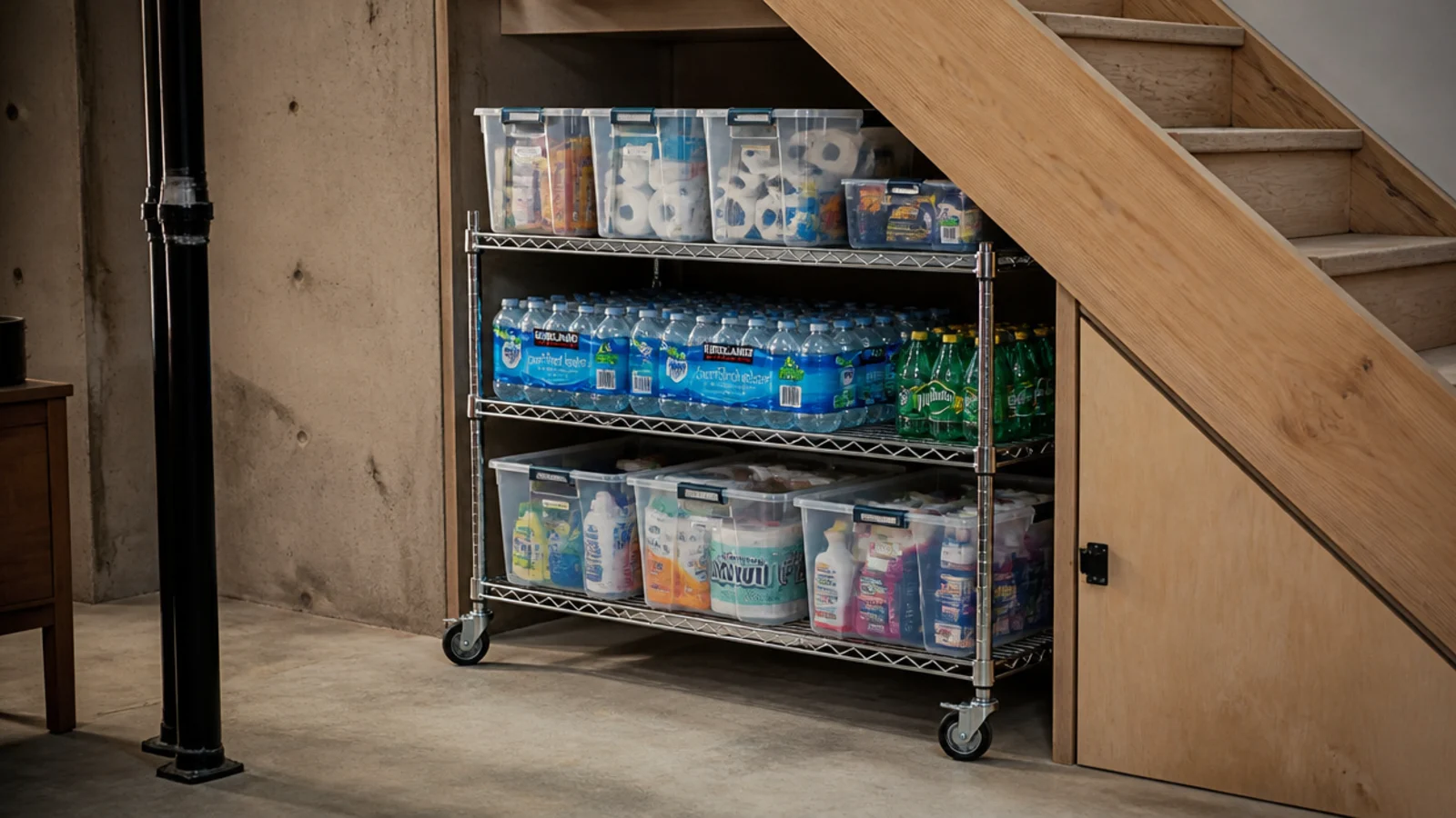 chrome wire shelving on castors rolled out from a basement stair