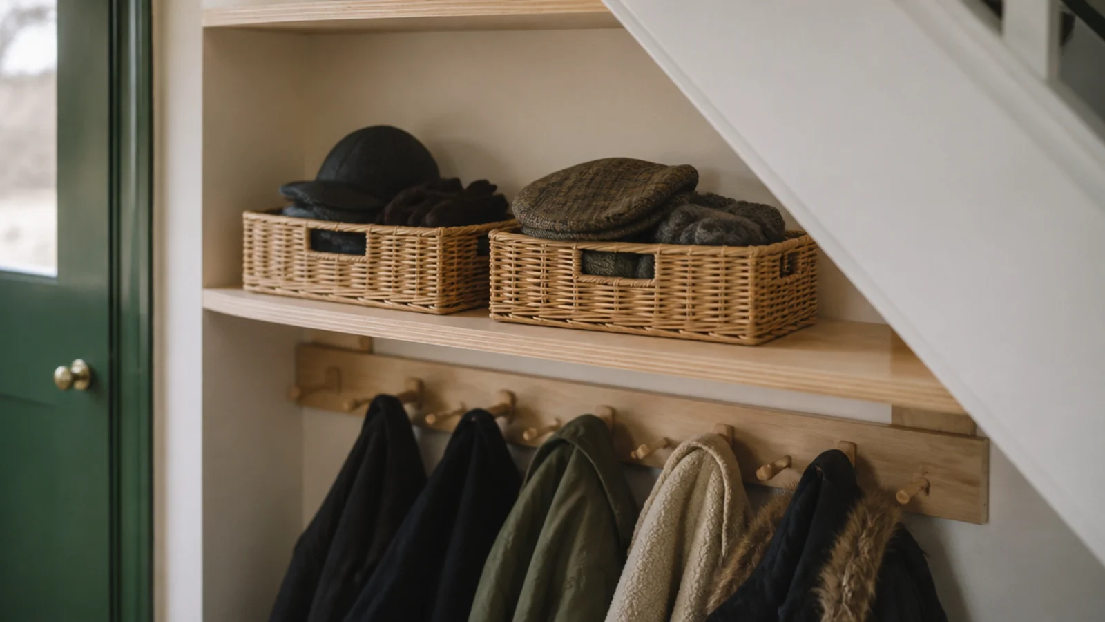 plywood shelf fitted above a coat rail holding baskets of hats