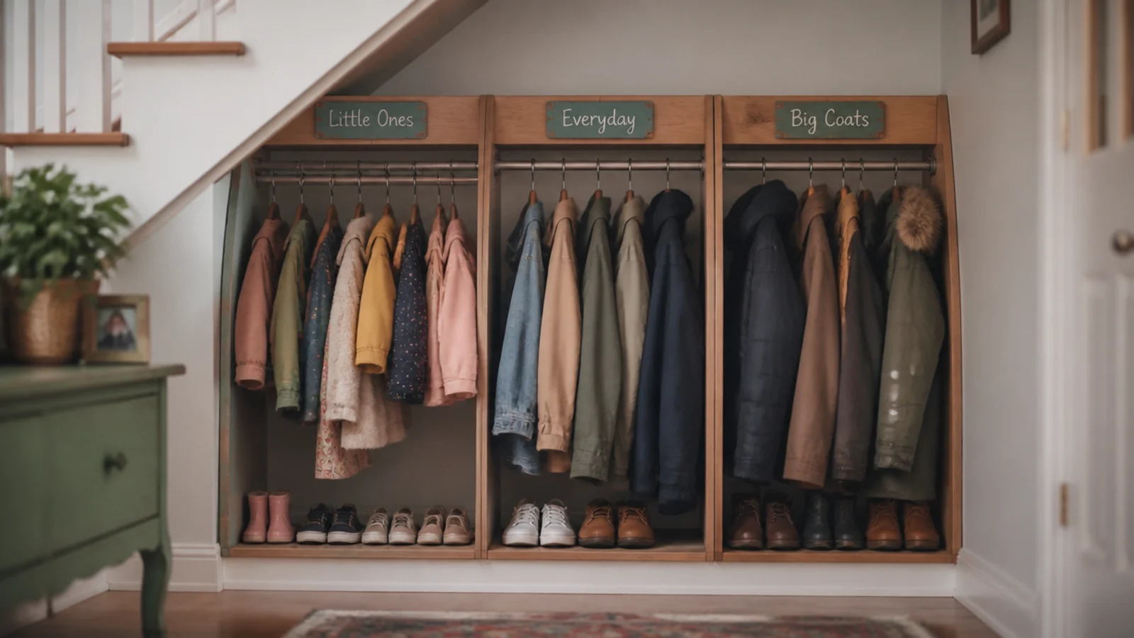 coat rail divided into labelled zones for different family members