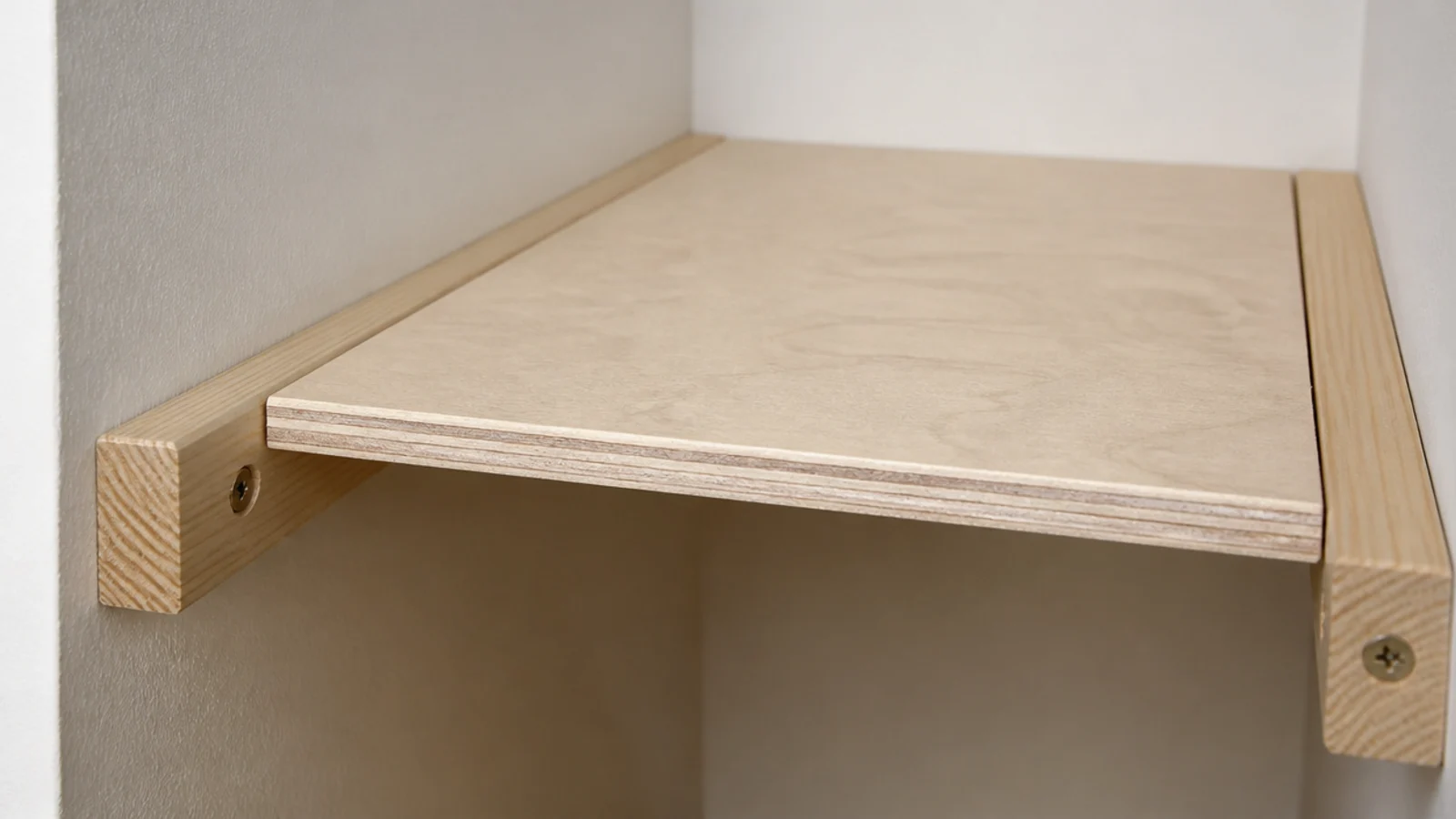 timber battens screwed to cupboard walls carrying a plywood shelf