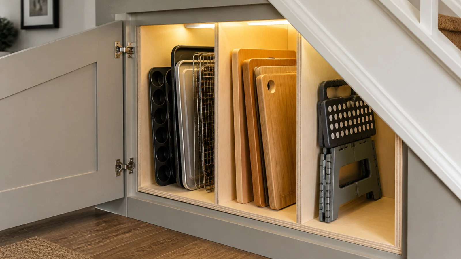 vertical plywood dividers separating trays and boards on a shelf