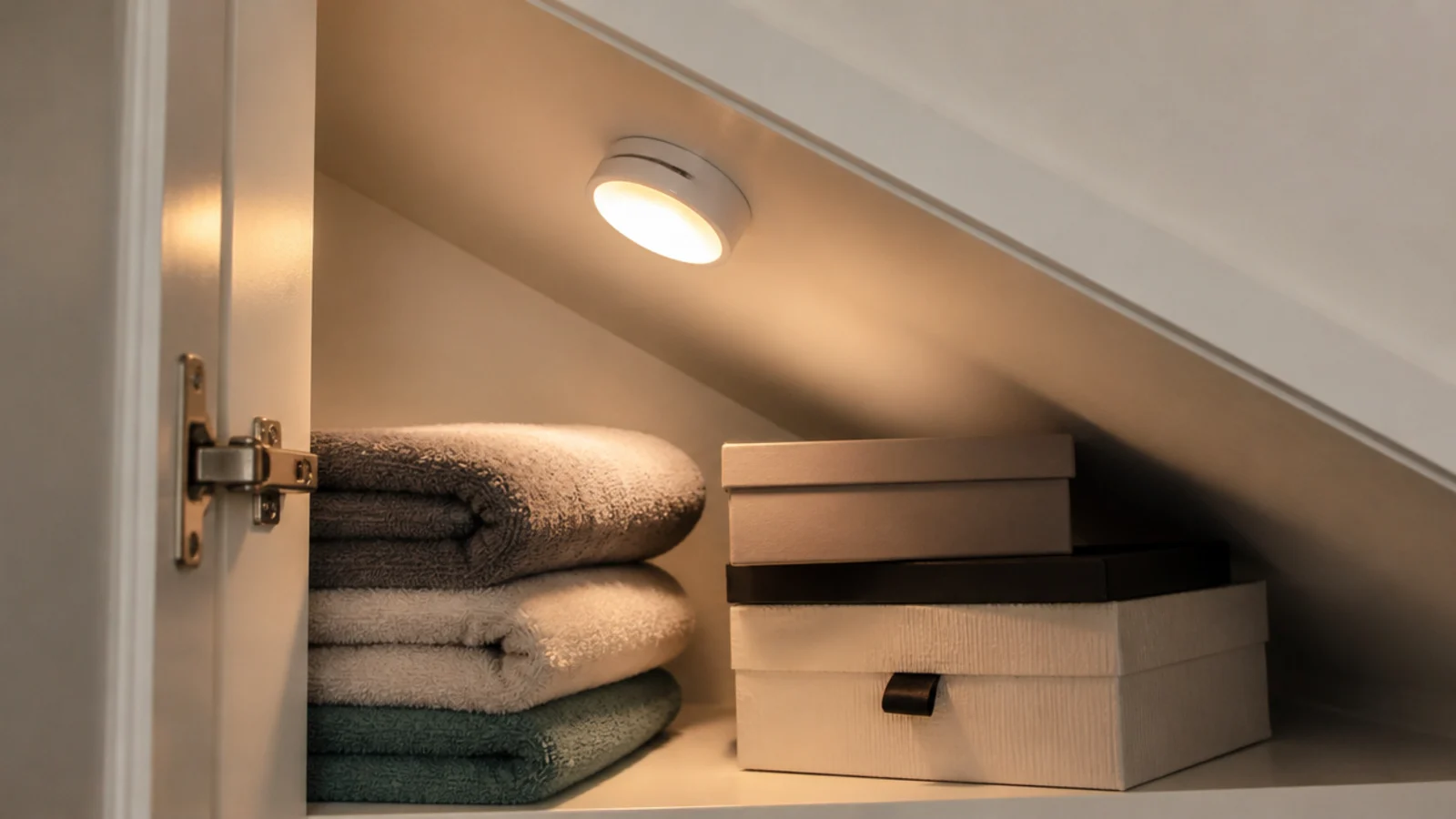 small motion sensor light glowing inside an under stairs cupboard