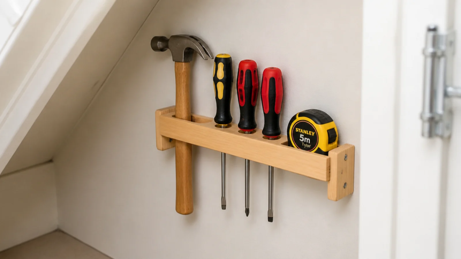 hand tools hung on a small wall rack inside an under stairs cupboard