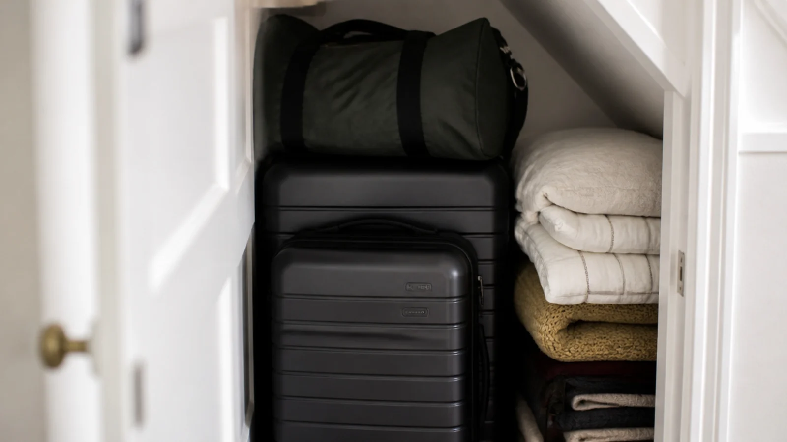 nested hard shell suitcases stacked in an under stairs cupboard corner
