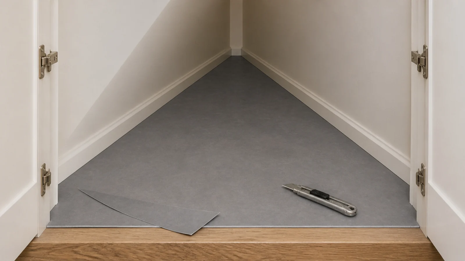 vinyl floor covering cut to fit an under stairs cupboard base