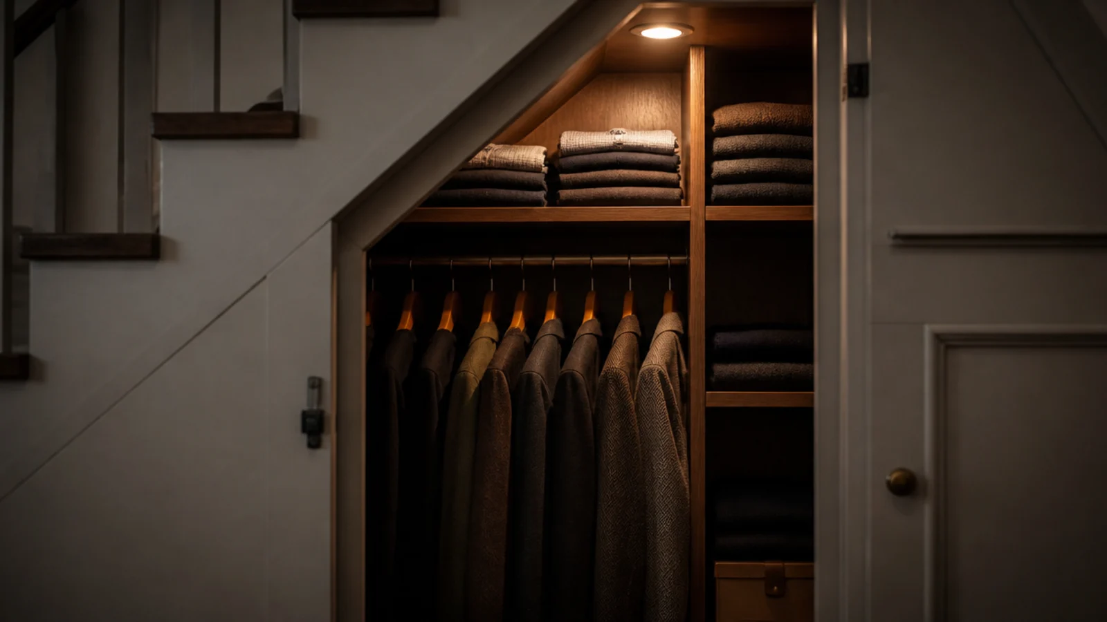 two stacked rails of shirts under the highest part of a staircase