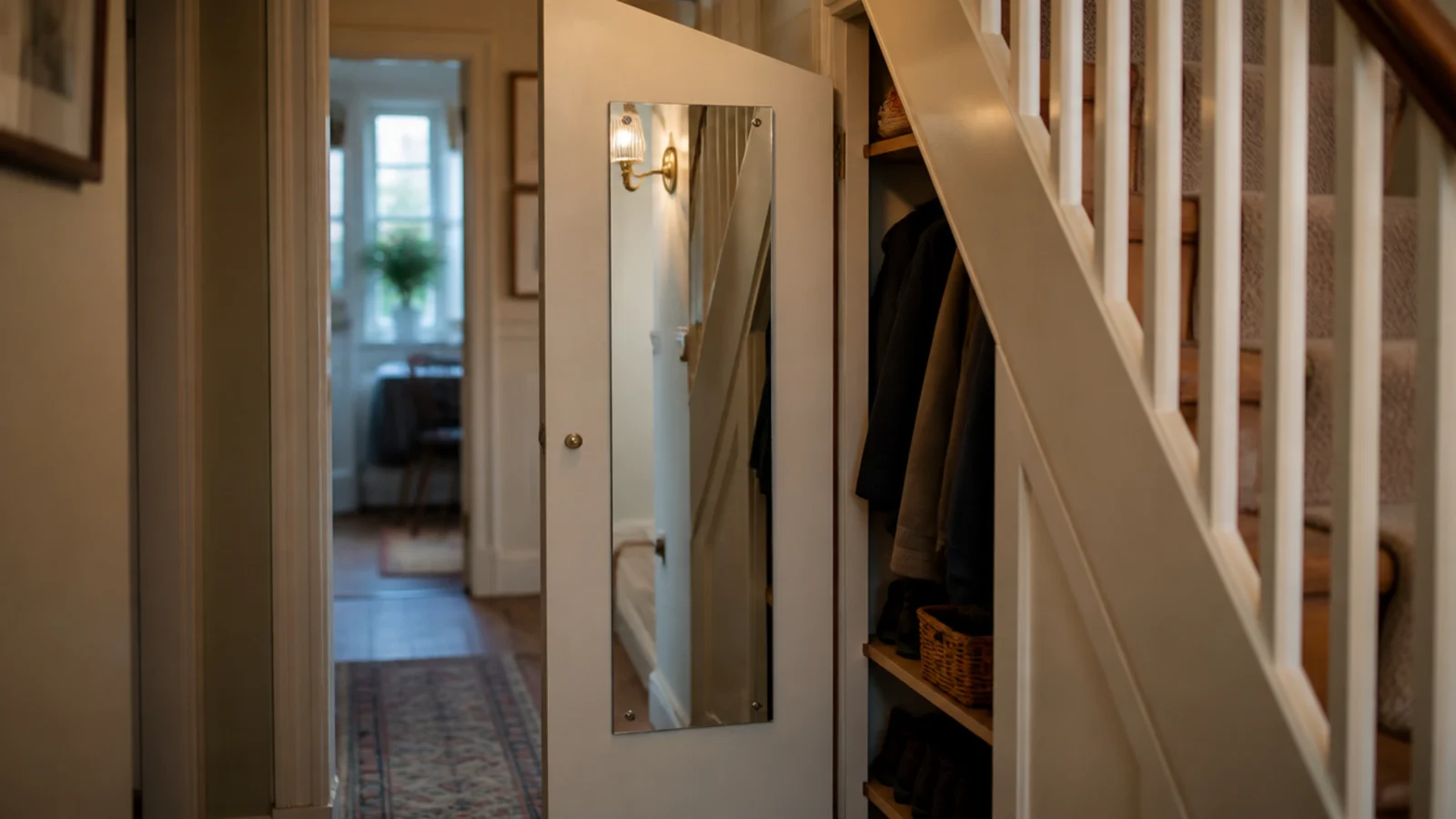 narrow mirror mounted on the inside face of a closet door