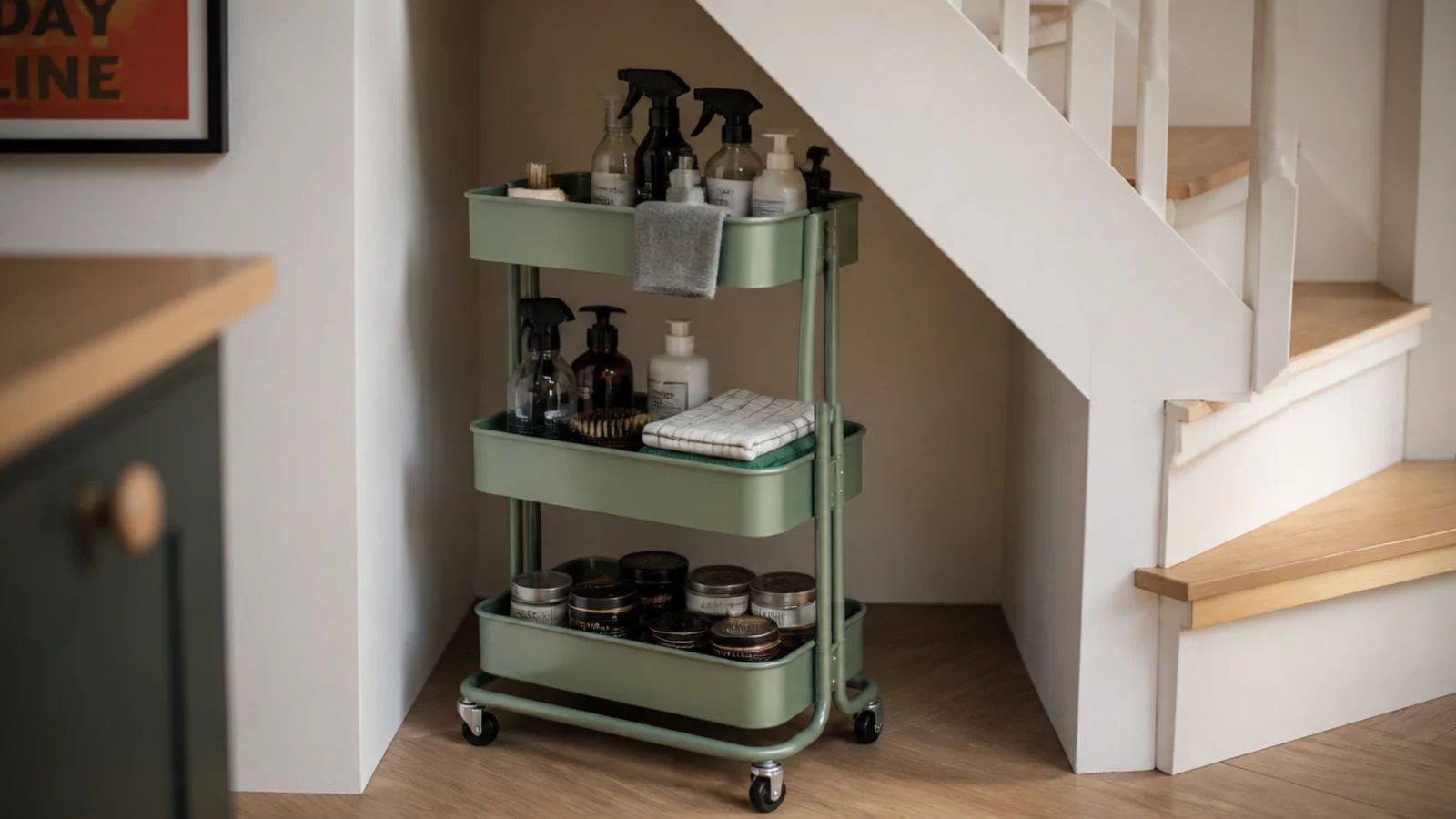 three tier metal trolley parked beneath the middle of a staircase