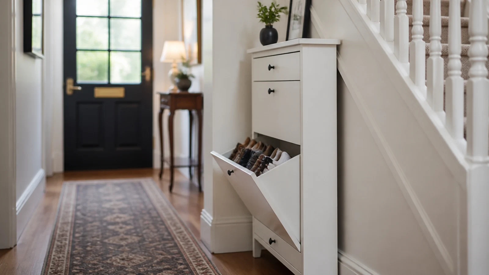 narrow tilting shoe cabinet standing against a staircase side wall