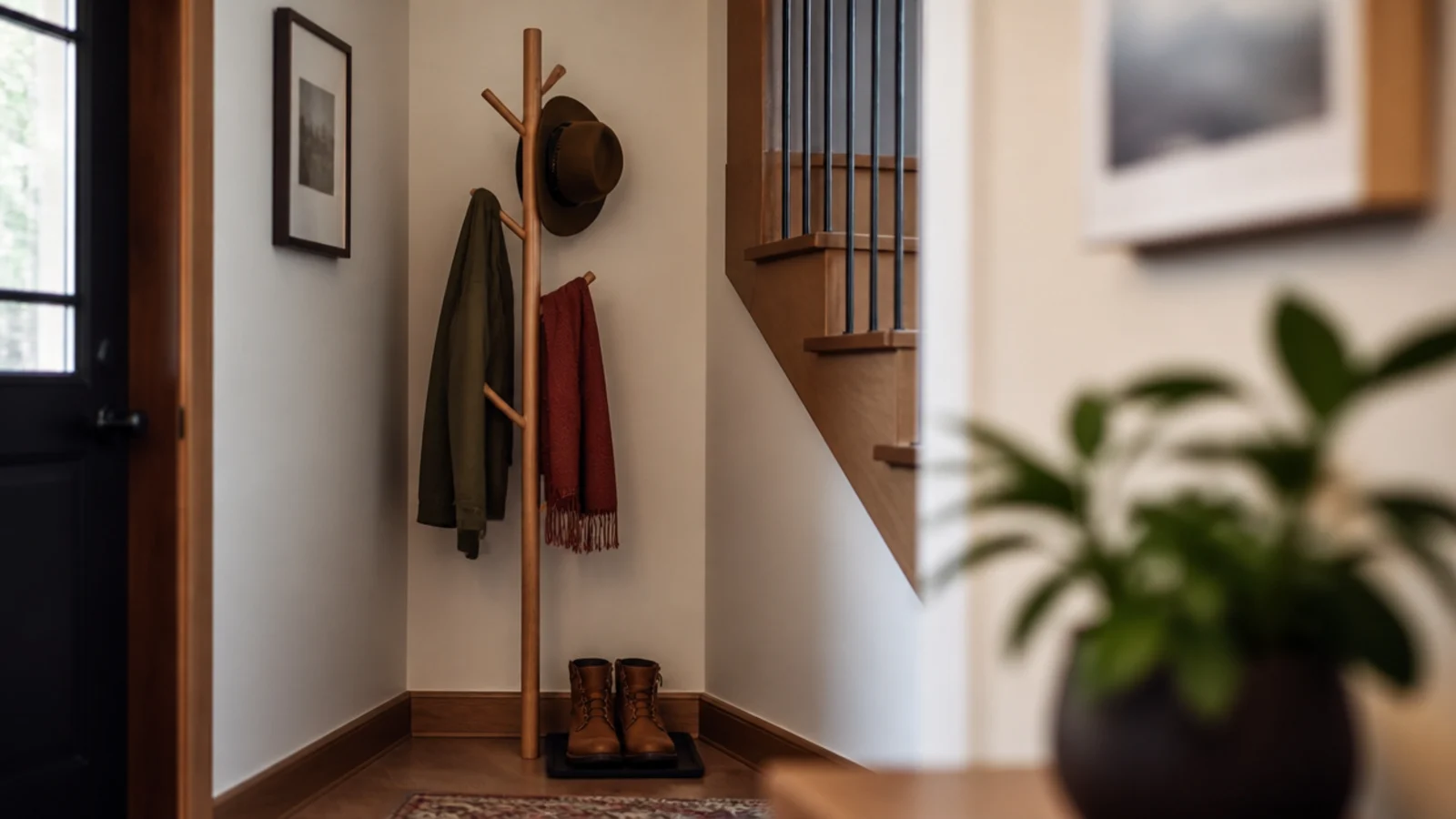 timber coat tree standing in the tallest corner of a stair recess