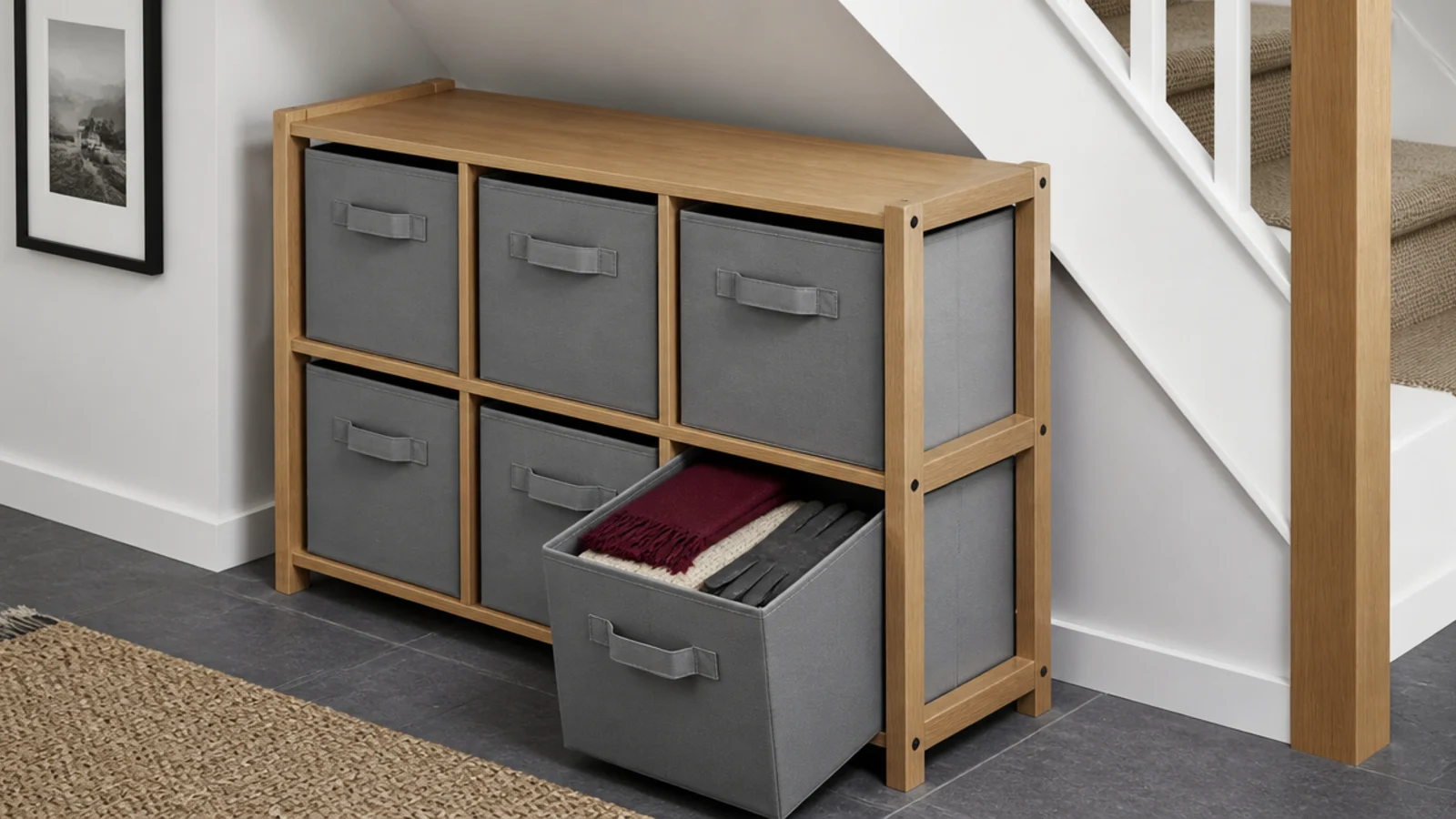 fabric drawer unit with canvas bins under a sloping stair ceiling