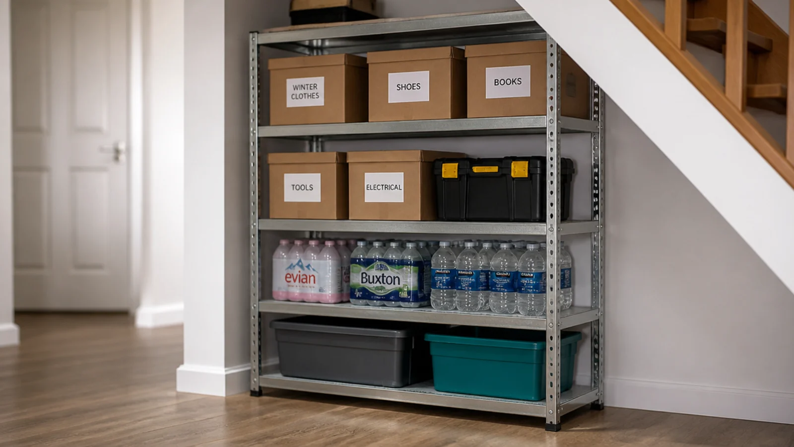 galvanised metal shelving unit holding boxes under a staircase