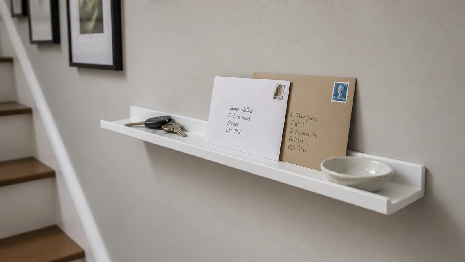 slim adhesive ledge holding keys and letters beside a staircase