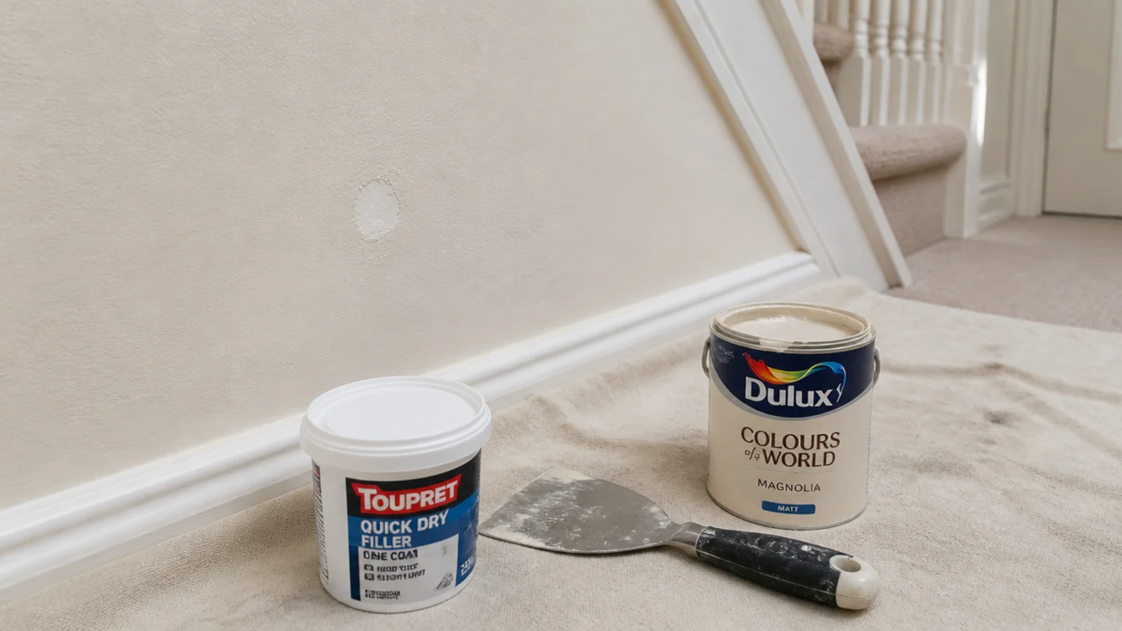 filler and a tester pot beside a patched hole on a hallway wall