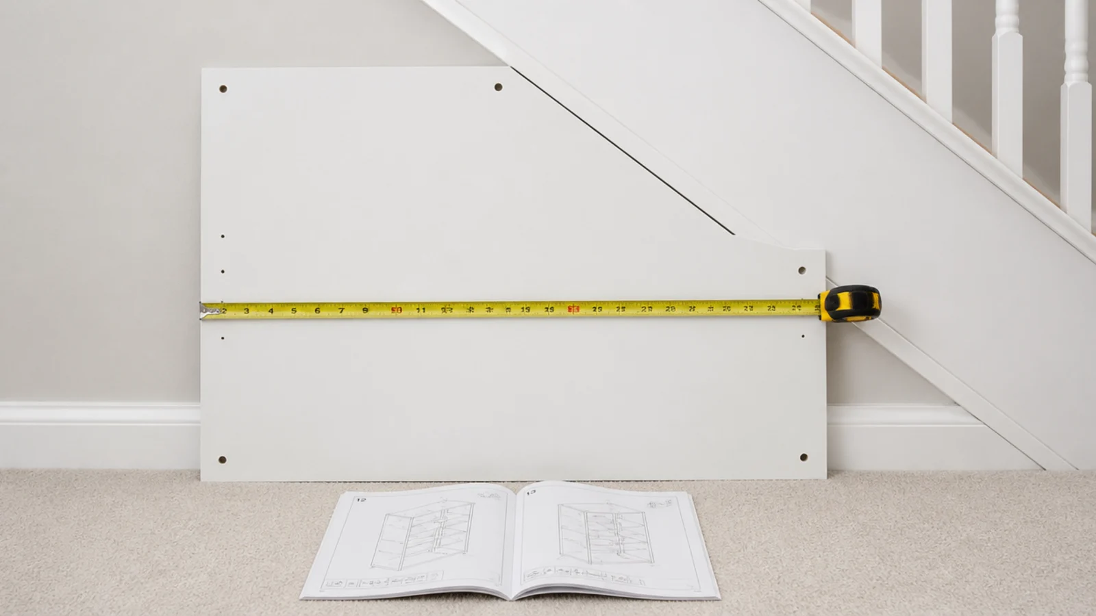 flat pack side panel held against a sloping stair soffit for measuring