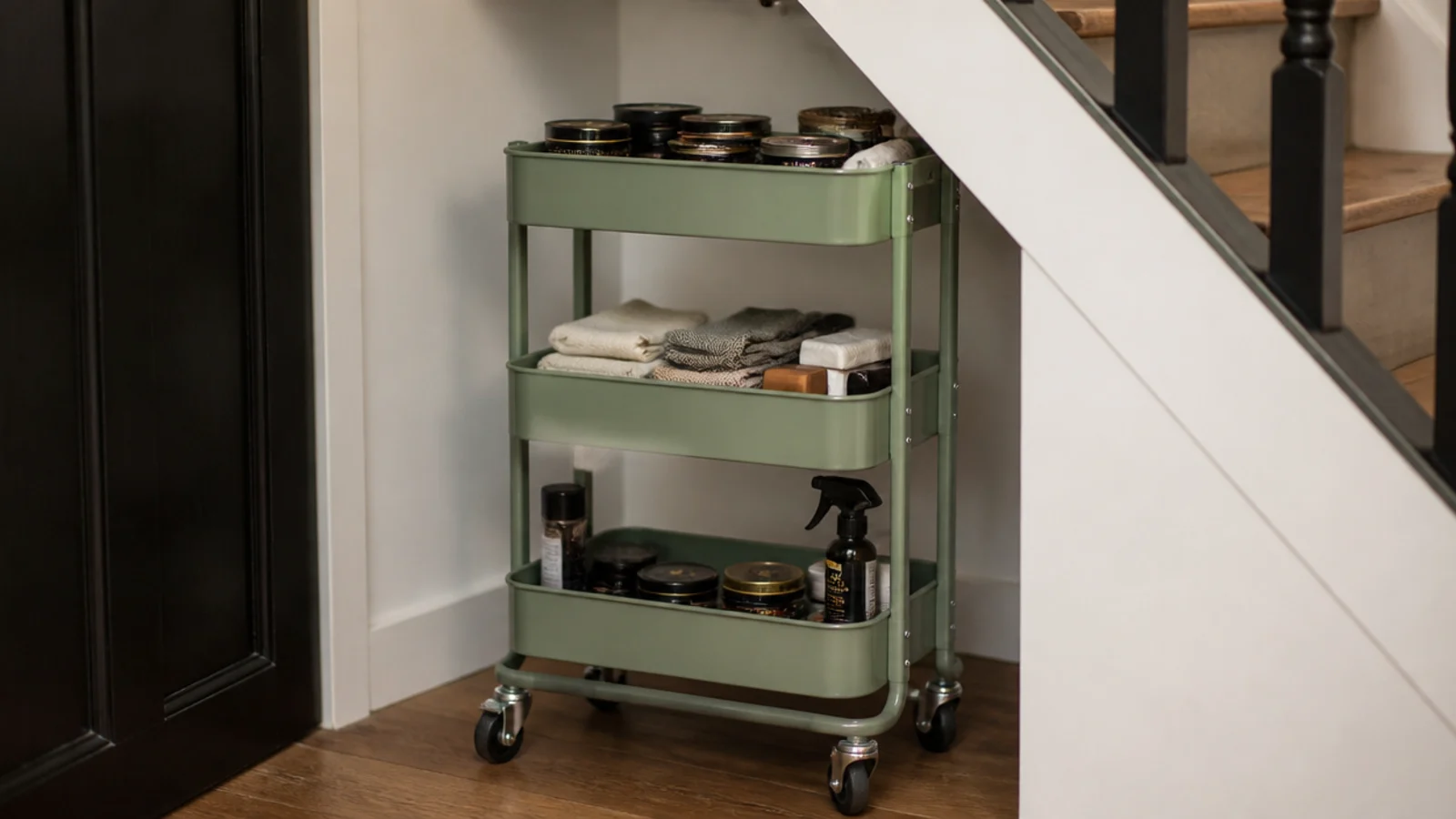 three tier utility trolley parked beneath a low stair section