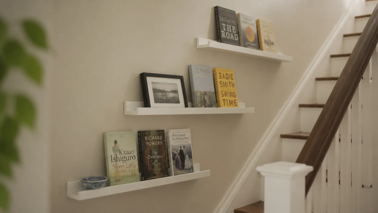 narrow picture ledges stepped along the outside of a staircase