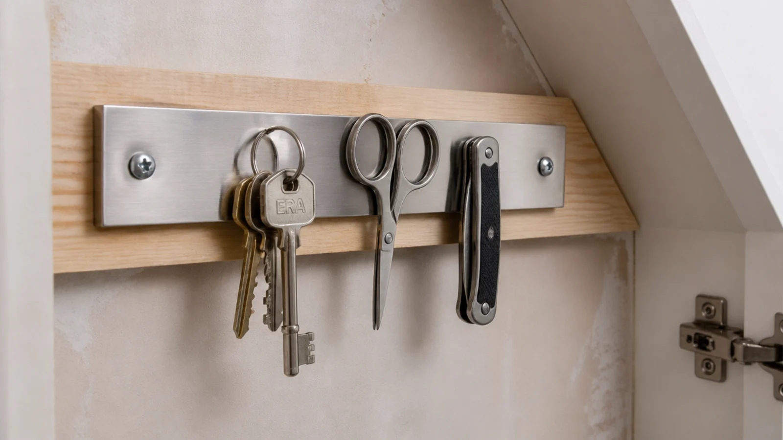 magnetic strip holding keys and small tools inside a stair cupboard