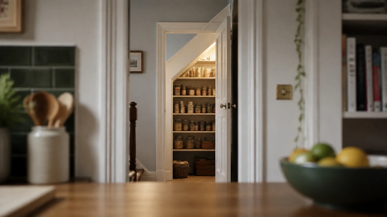 open pantry door seen from a kitchen a few steps away