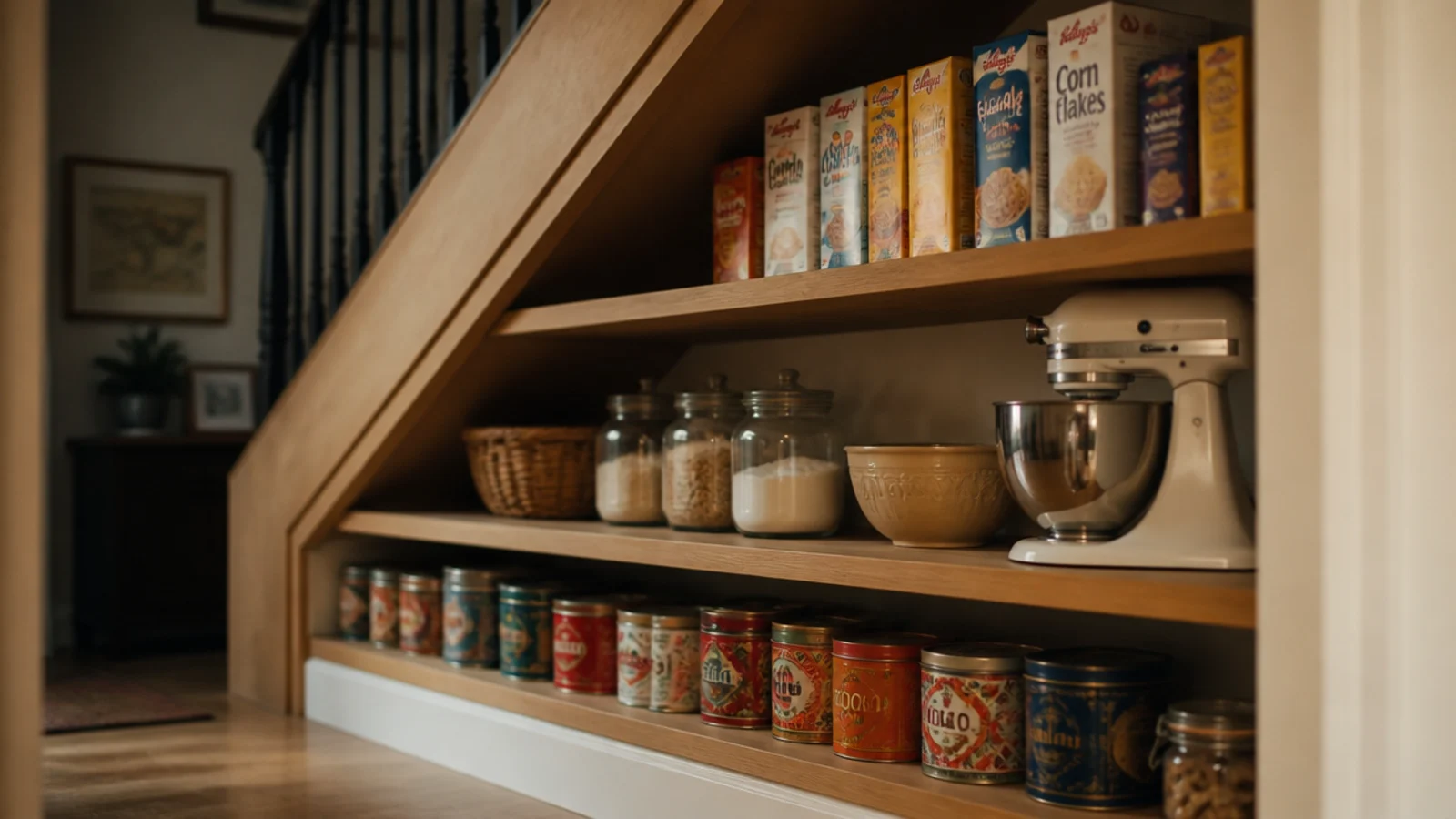 pantry shelves at three different spacings holding tins and boxes