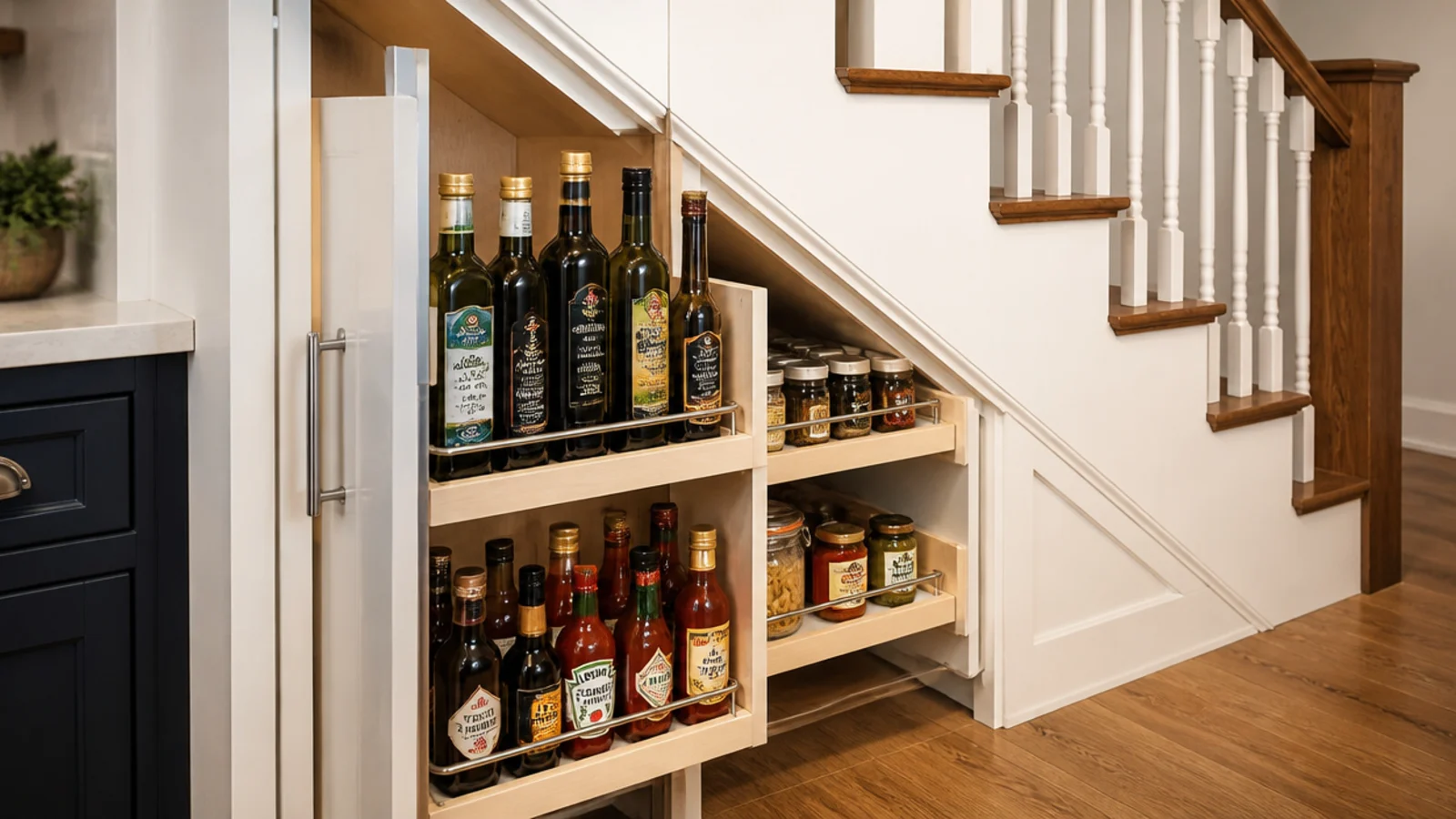 taller pantry bay holding oil bottles and vinegar upright