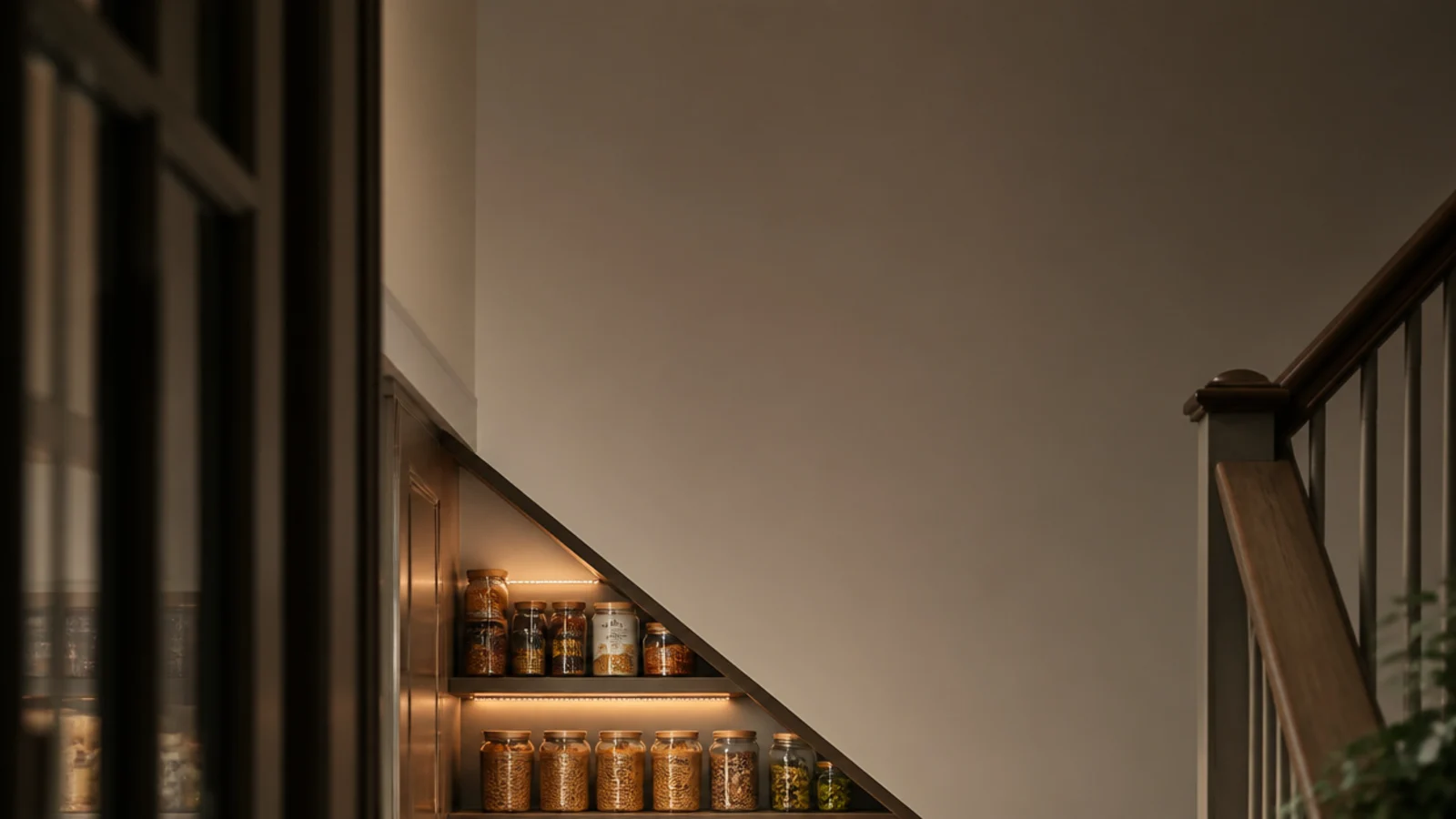 tall view of an under stairs storage pantry with jars tins and baskets