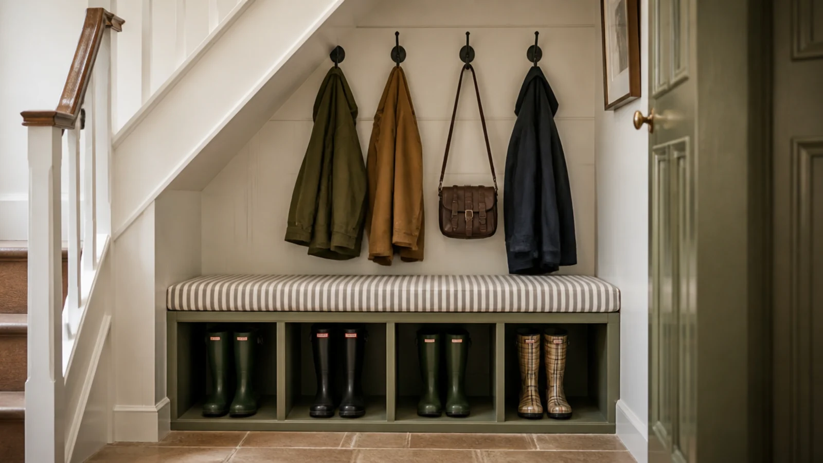 painted boot bench with coat hooks fitted under a staircase