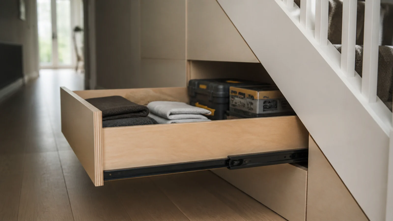 deep timber drawer pulled fully out from under a staircase carcass