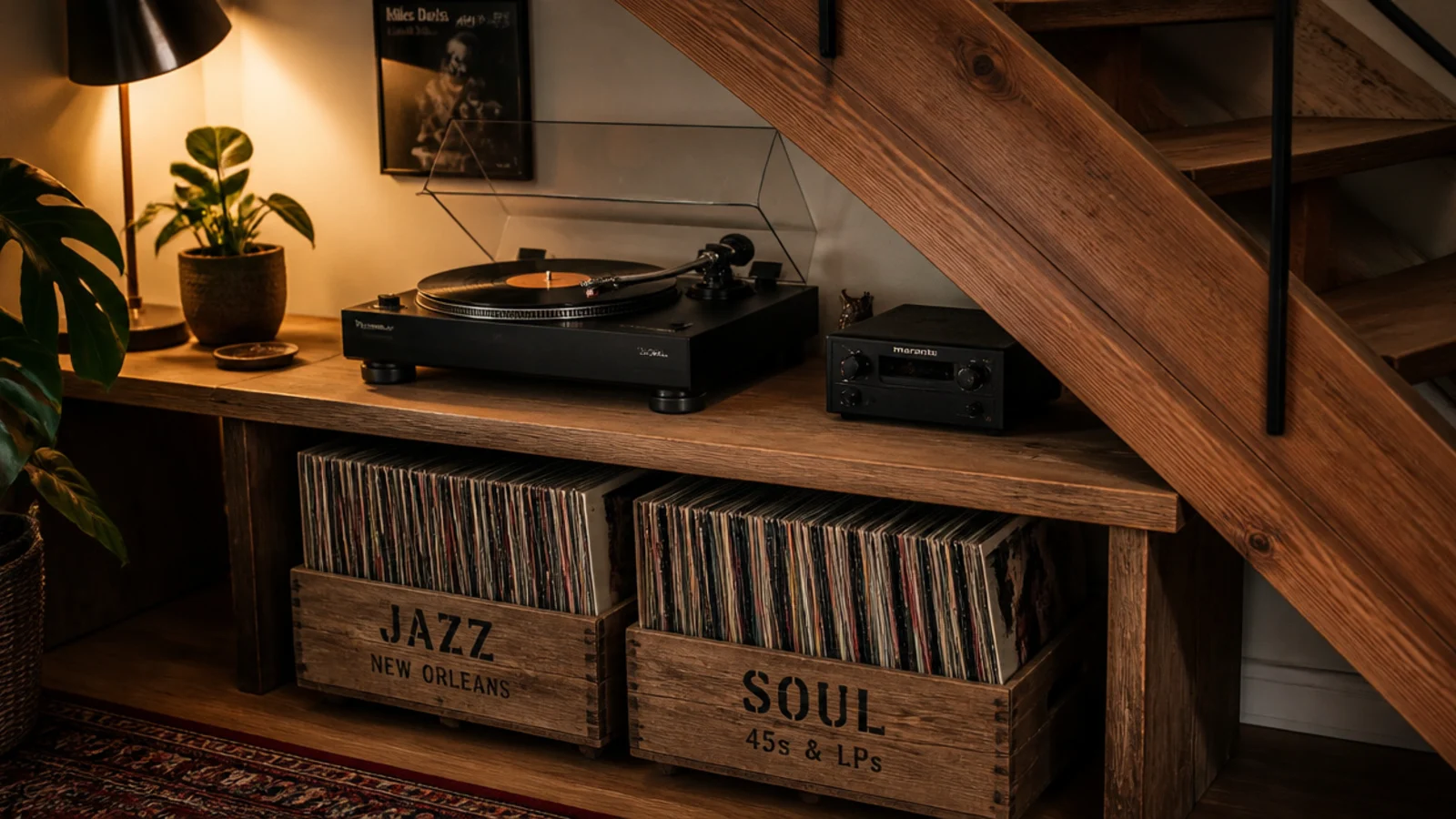 record player and vinyl crates set into a recess beneath a staircase